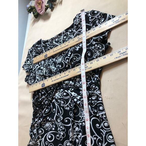 Chadwicks Dress Women's Medium Black White Floral Ruched Stretch A Line - Picture 7 of 8
